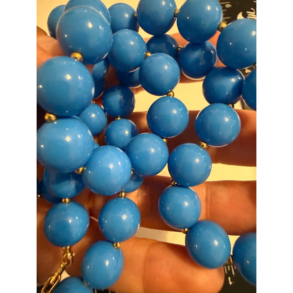 Vibrant Blue Round Bead Necklace Gold Tone Spacers Patent Clasp 17 Inch